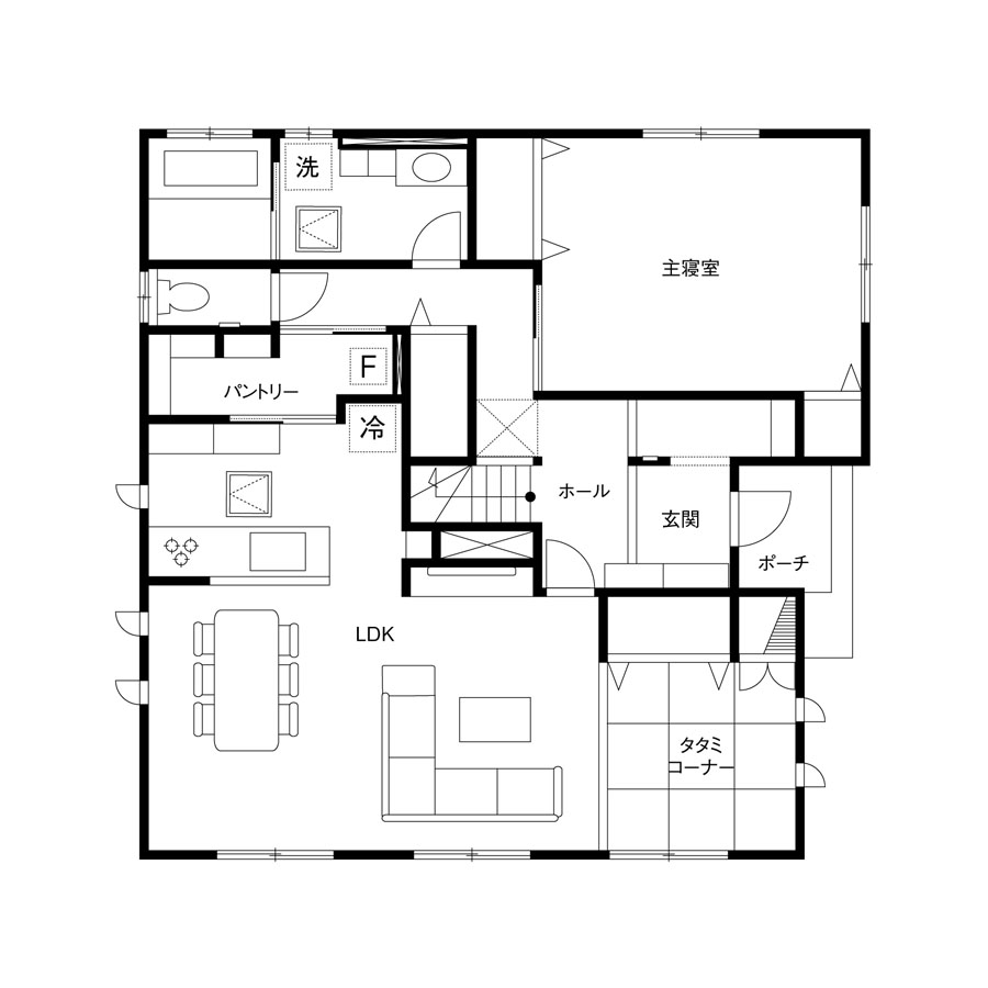 完全共有型の二世帯住宅間取り図1F