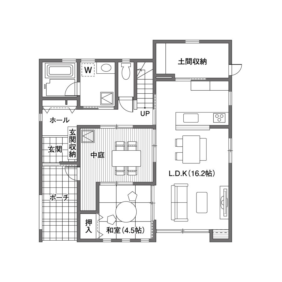 中庭のある注文住宅の間取り図1F