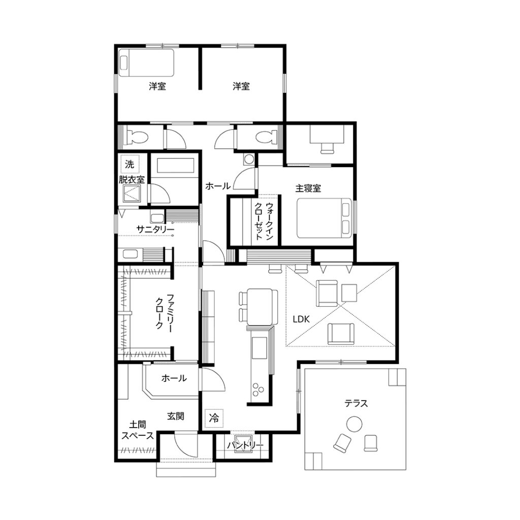 34.4坪　吹き抜け平屋の間取り図