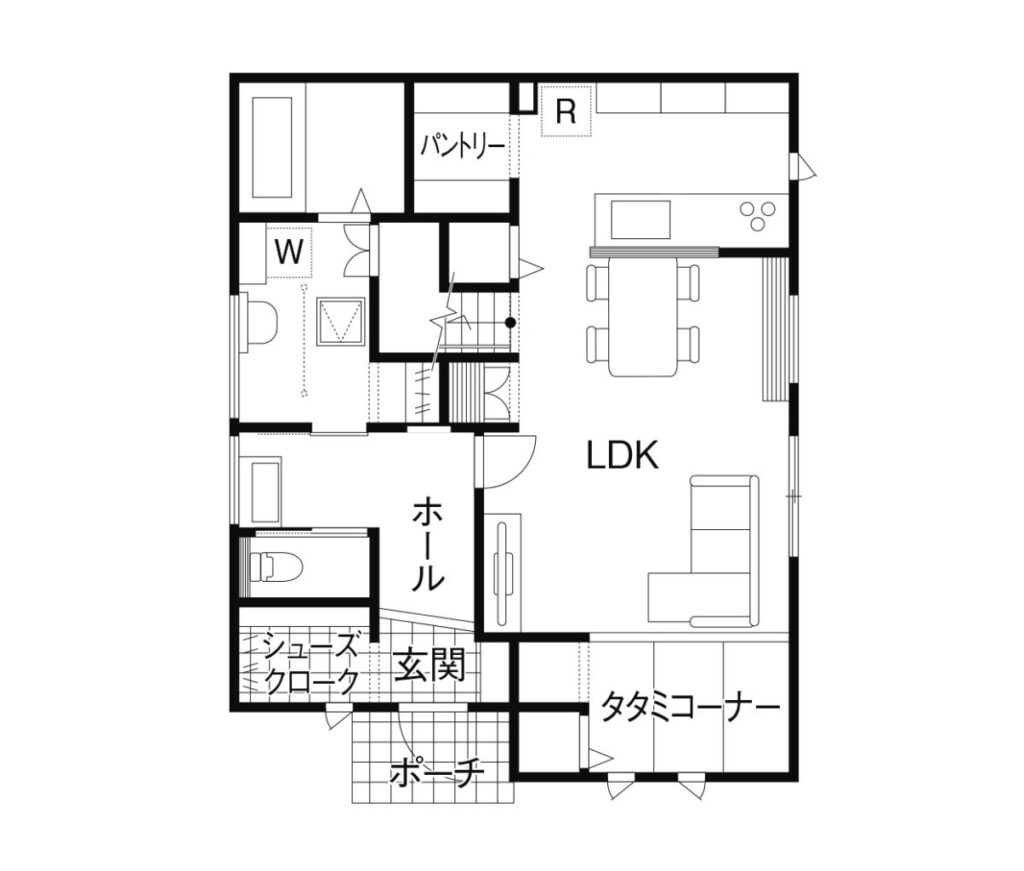 対面キッチンとパントリーの間取り図