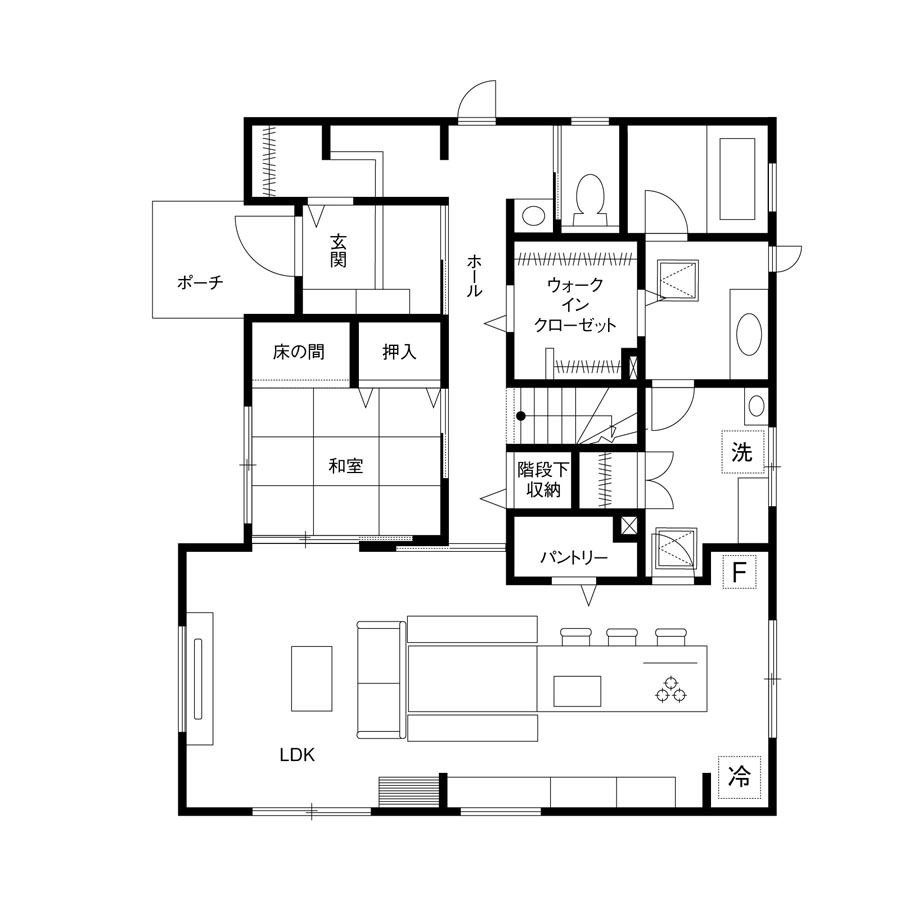 アイランドキッチンのある注文住宅の間取り図
