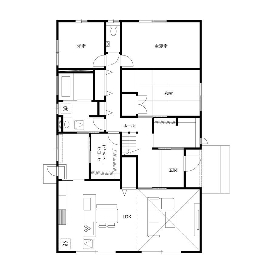 アイランドキッチンのある注文住宅の間取り図