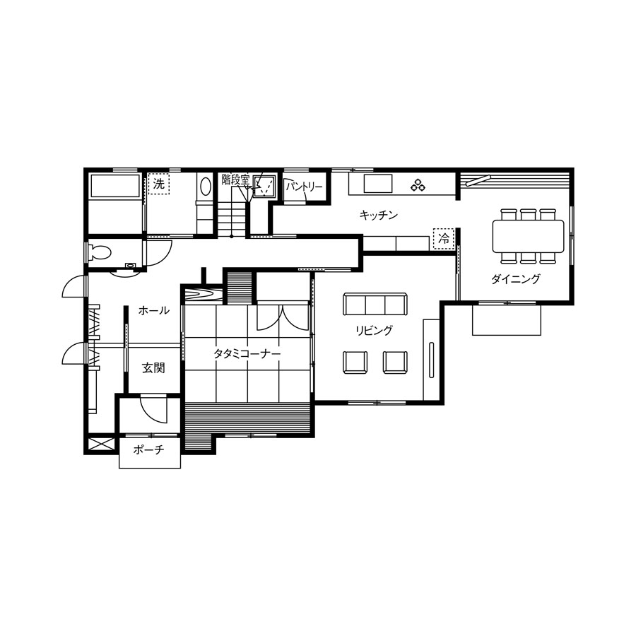 壁付けレイアウトのI型キッチン間取り図