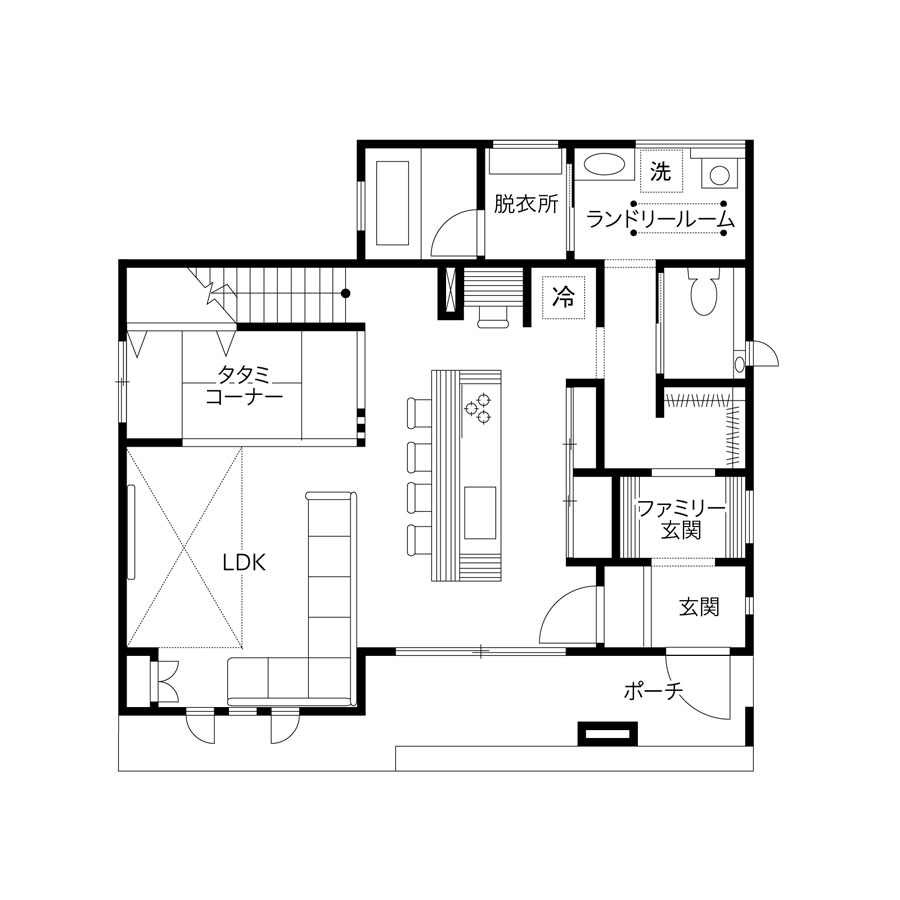 アイランドキッチンのある注文住宅の間取り図