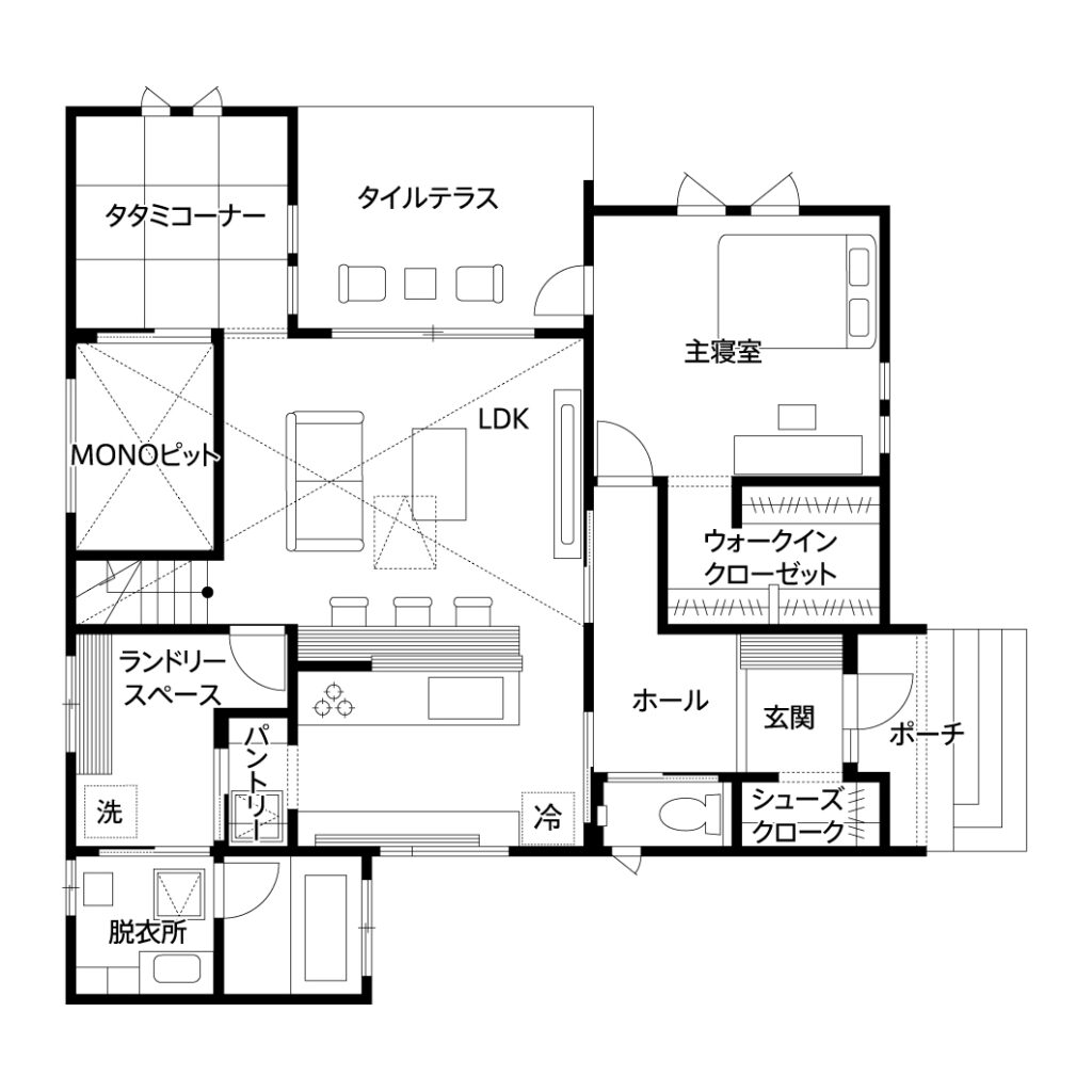 I型キッチンの対面レイアウト間取り図