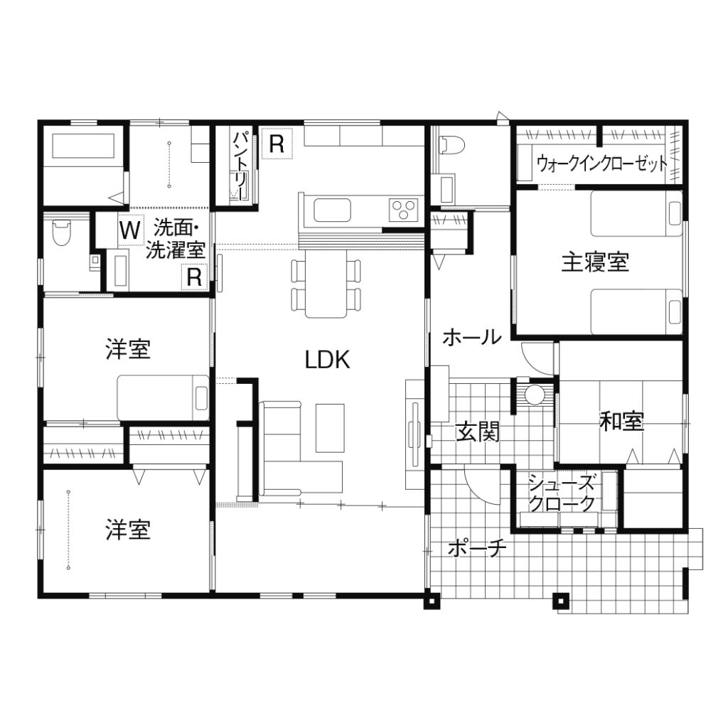 I型キッチンの対面レイアウト間取り図