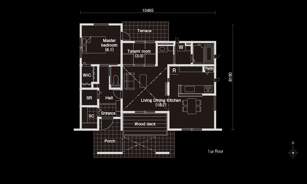 20.91坪の2LDK平屋の間取り図