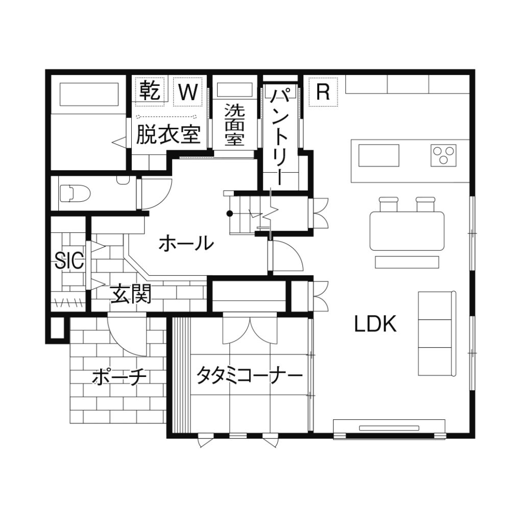 南玄関の2階建て間取り図1F