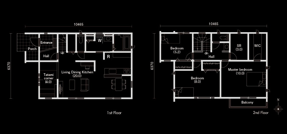長方形の20帖のLDKがある家の間取り図