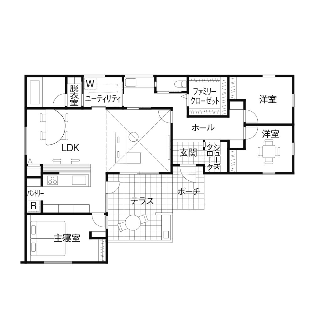 玄関土間収納がある平屋の間取り図
