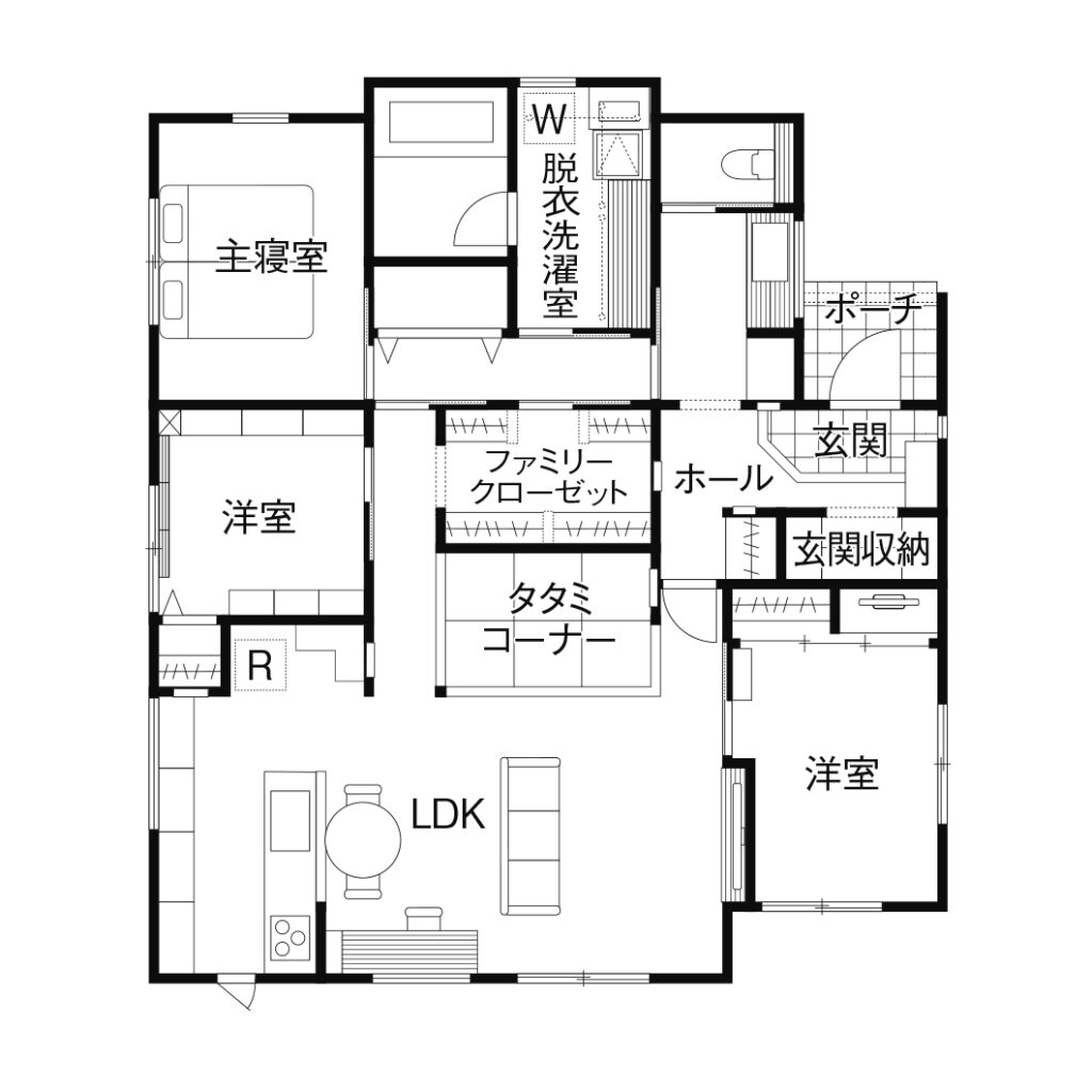 敷地面積99.59坪の土地に建てた平屋の間取り図