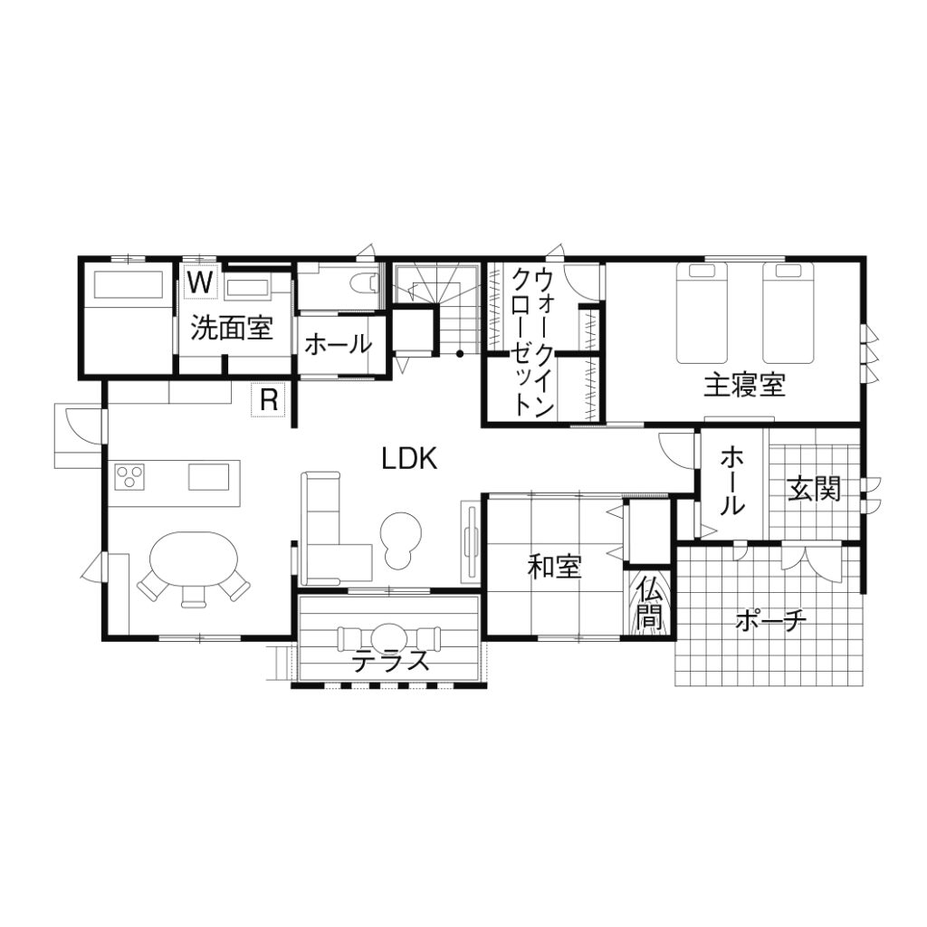 延床面積49.02坪の1階完結型の家の間取り図1F